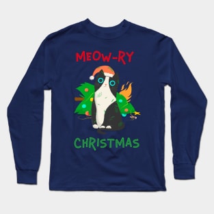 Meow-ry Christmas (Merry Christmas) Christmas Cat Tree Disaster Long Sleeve T-Shirt